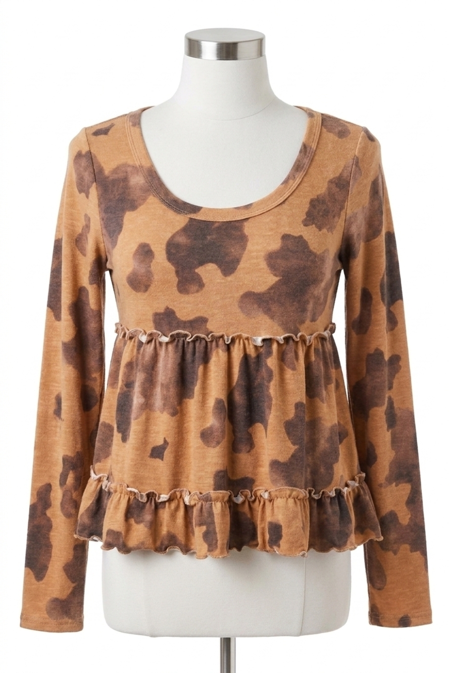 NEW PEACH LOVE cow print knit ruffled babydoll top in brown